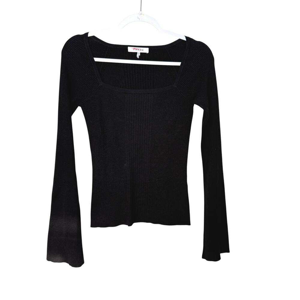 Frame Silk Long‎ Sleeve Ribbed Blouse Women XS Black Stretch Boho Casual
